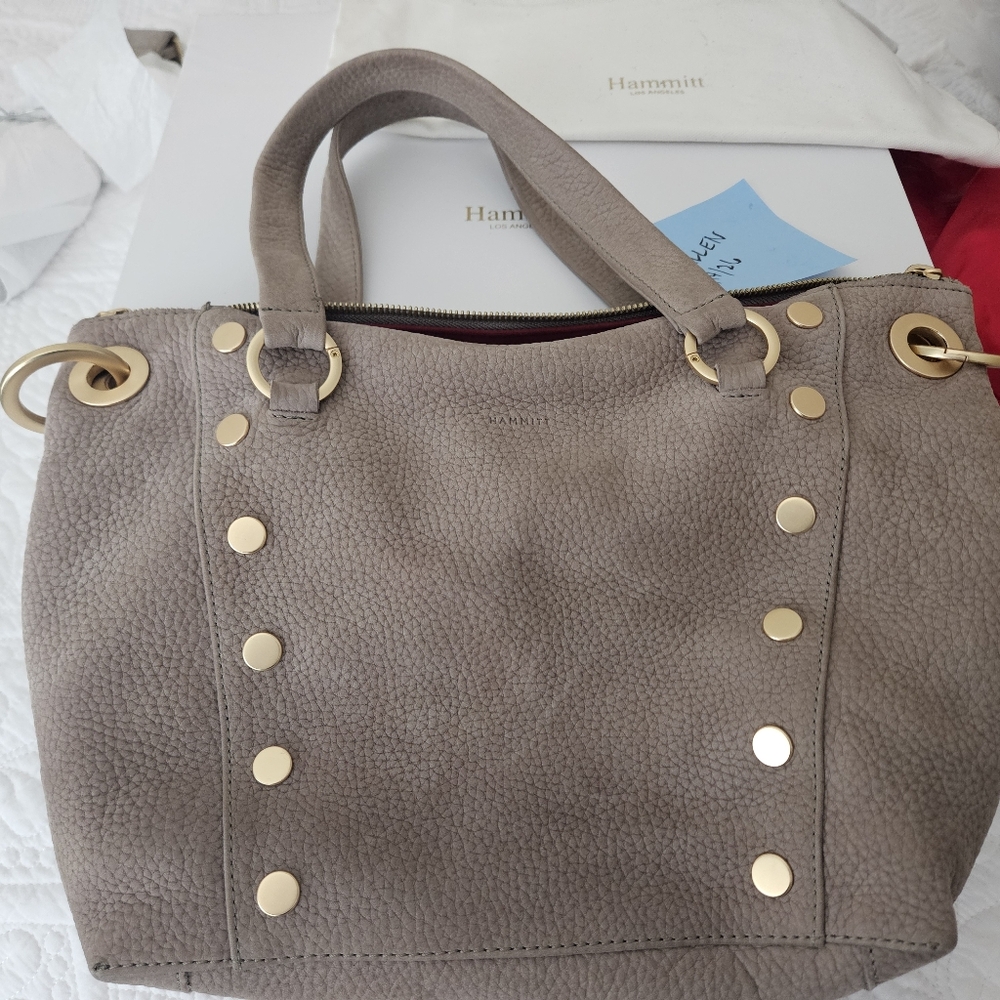 Hammitt -Daniel -Medium Pebbled Taupe Leather Tote with Gold Accents